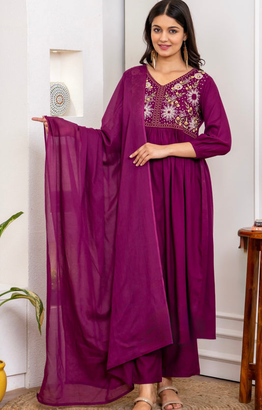 Wine Cotton Anarkali Suit