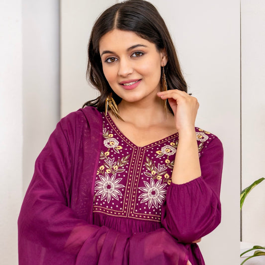 Wine Cotton Anarkali Suit