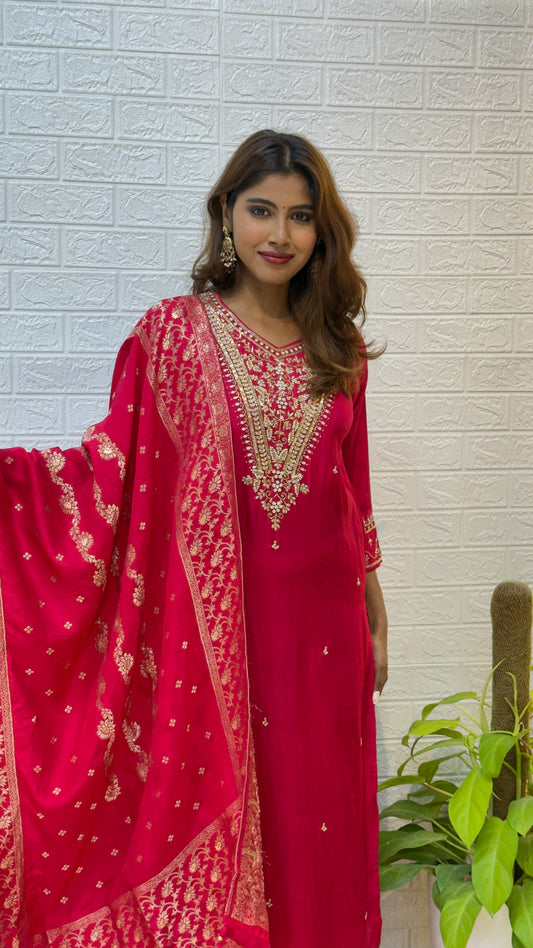 Dola Silk Suit with Banarasi Dupatta – Rani Pink