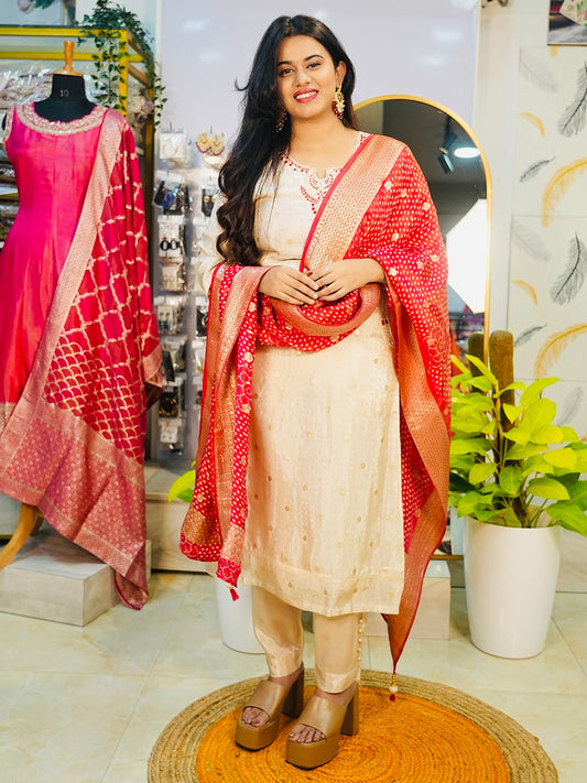 Cream Tissue Silk Suit with Zari Organza Dupatta