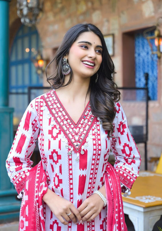 Pink Cotton Suit with Pom Pom