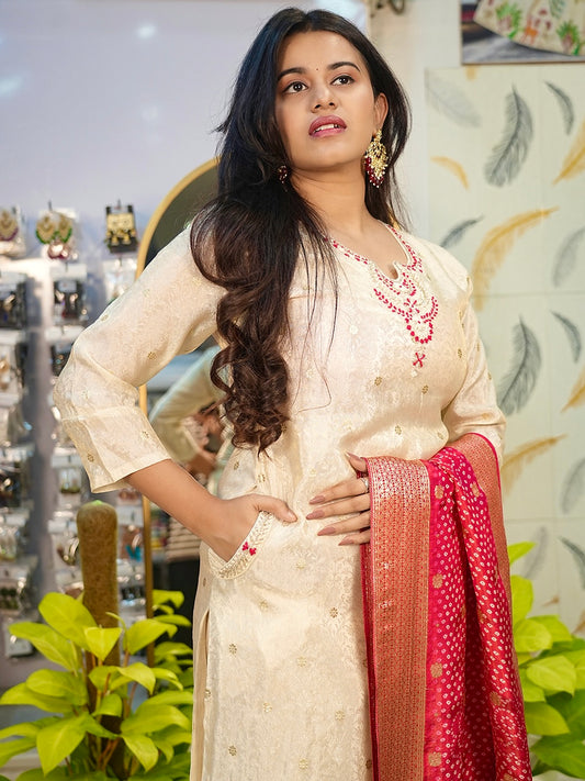 Cream Tissue Silk Suit with Zari Organza Dupatta