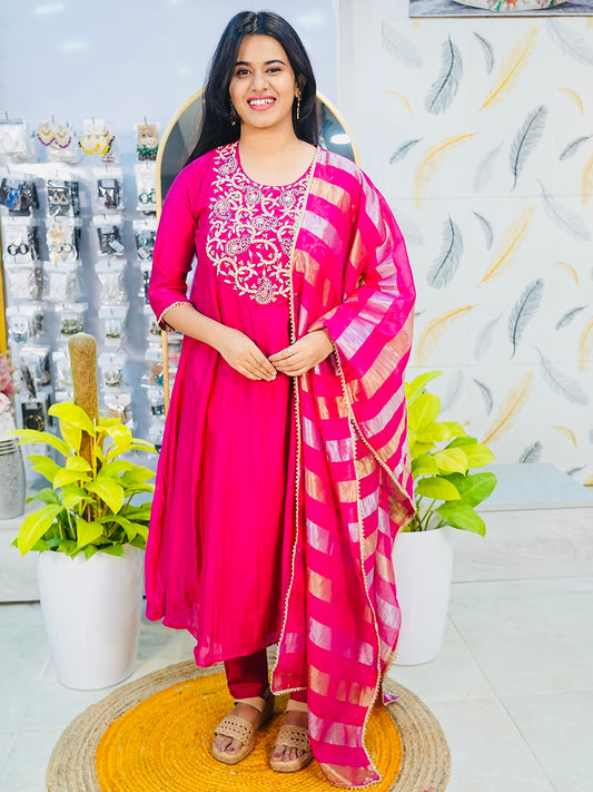 Premium Mul Chanderi with Tissue Dupatta (Handwork Touch Near Neck Yoke) - Pink