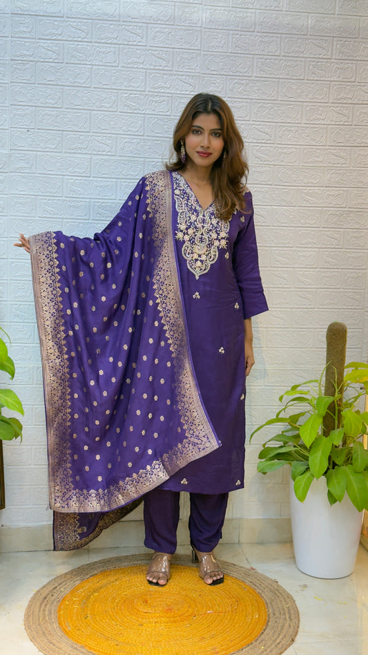 Dola Silk Suit with Banarasi Dupatta & Handwork – Royal Purple