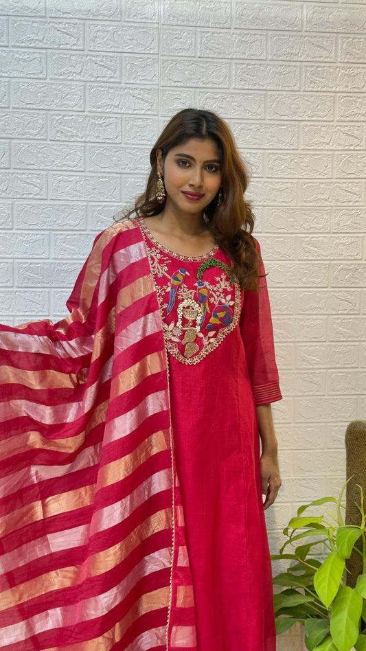 Mul Chanderi Suit with Tissue Dupatta – Pink Parrot Embroidery