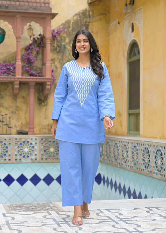 Blue  Cotton  Co-ord Set