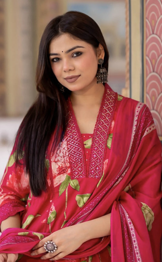 Lotus print Pink Cotton Suit