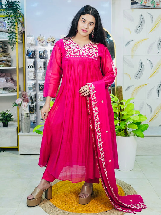 Rani Pink Mul Chanderi Anarkali Suit