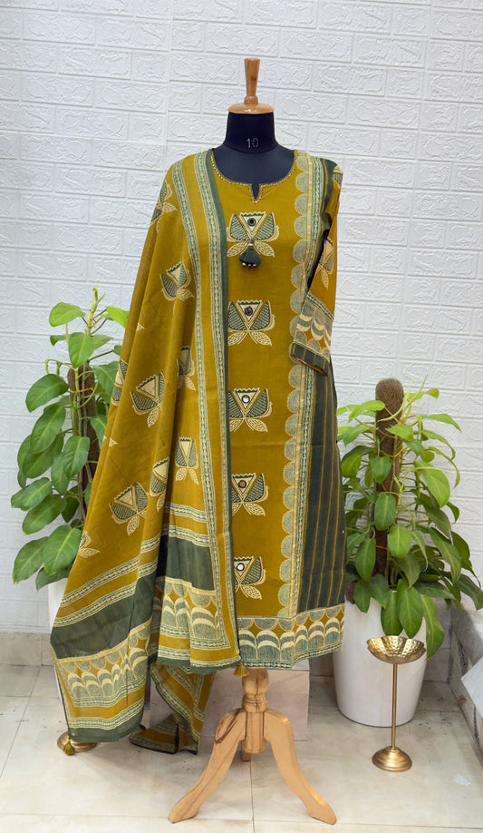 Premium Embroidered Cotton Silk Suit with Contrast Stitch Detailing – Brick Rust