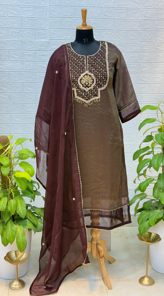 Premium Partywear Straight Suit with Embroidered Yoke & Elegant Dupatta – Chocolate Brown