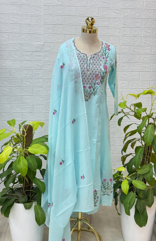 Premium Cotton Anarkali Suit Set – Powder Blue