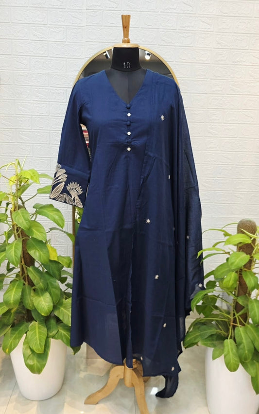 Premium Elegant Cotton Suit Set with Embroidered Detailing – Navy Blue