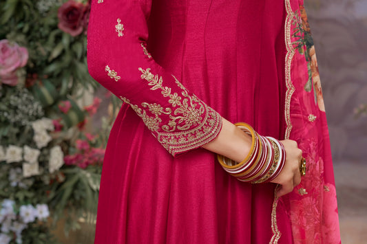 Premium Anarkali Suit with Organza dupatta- Rani Pink