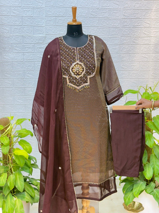 Premium Partywear Straight Suit with Embroidered Yoke & Elegant Dupatta – Chocolate Brown