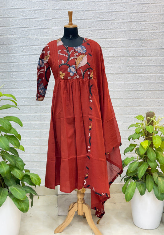 Premium Printed Cotton Anarkali Suit Set with Elegant Dupatta – Rust Red