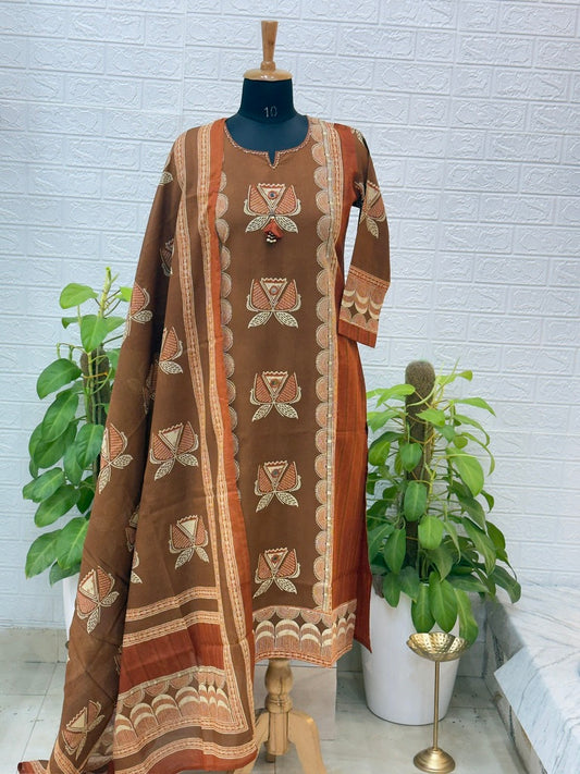 Premium Printed Cotton Suit with Traditional Motif Detailing – Earthy Brown