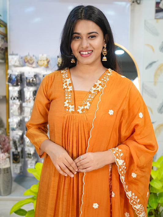 Rust Mul Chanderi V-neck A-line Suit