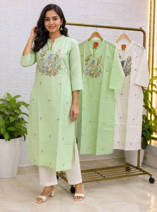 Premium Cotton Straight Suit Set – Mint Green & Ivory White