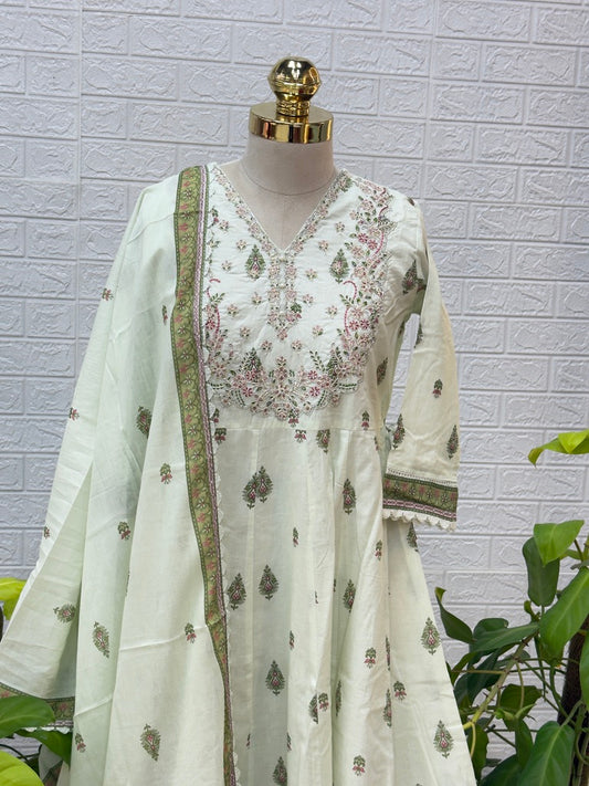 Premium Cotton Anarkali Suit Set – Mint Green