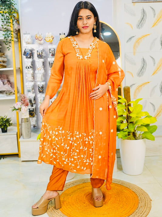 Rust Mul Chanderi V-neck A-line Suit