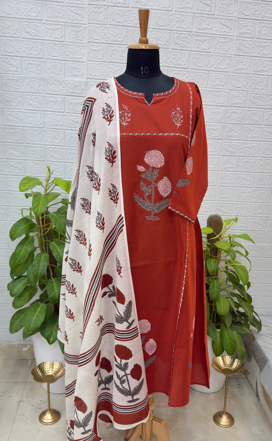 Description Premium Floral Embroidered Cotton Suit Set with Contrast Dupatta – Rust Red