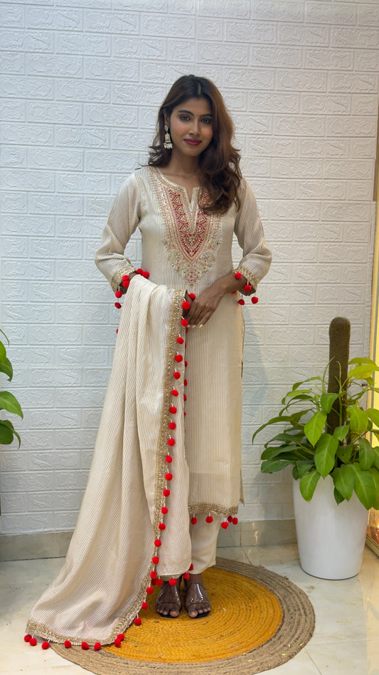 Tissue Silk Suit with Embroidery & Tassel Dupatta – Ivory Elegance