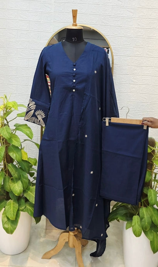Premium Elegant Cotton Suit Set with Embroidered Detailing – Navy Blue