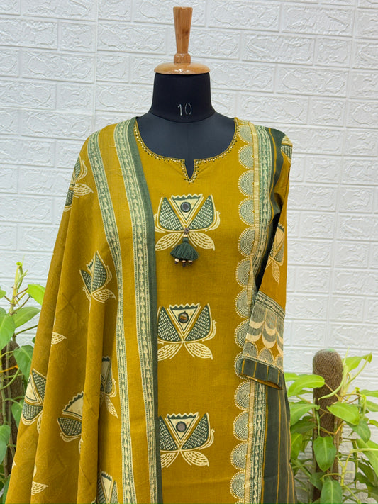 Premium Embroidered Cotton Silk Suit with Contrast Stitch Detailing – Brick Rust