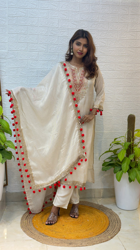 Tissue Silk Suit with Embroidery & Tassel Dupatta – Ivory Elegance