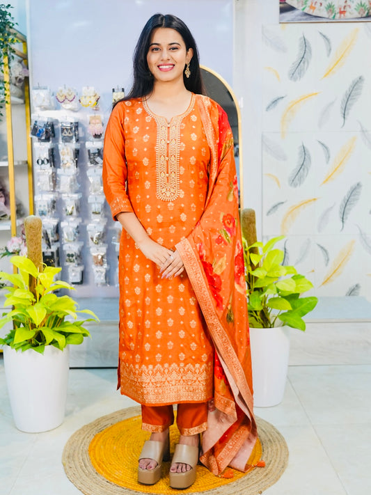 Sunset Orange Dola Silk Salwar Suit with digital Print Dupatta