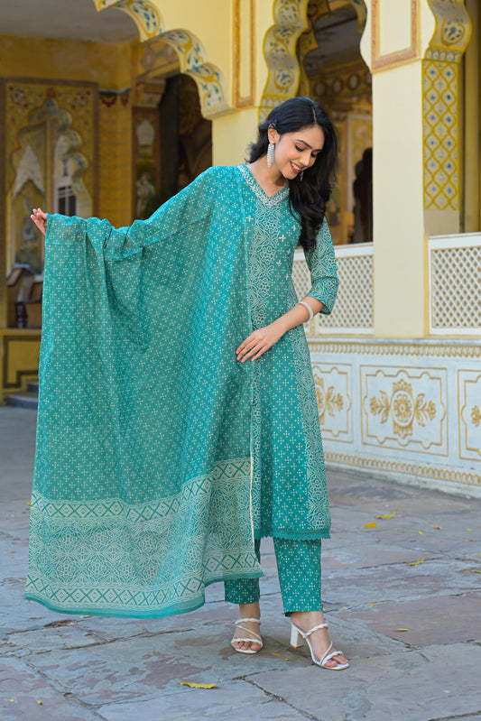 Green Cotton Anarkali Suit