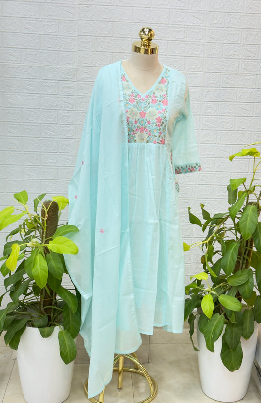Premium Cotton A-Line Suit Set – Sky Blue