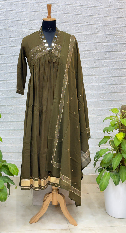 Premium Mirror Work Cotton Anarkali Suit Set with Elegant Dupatta – Olive Green