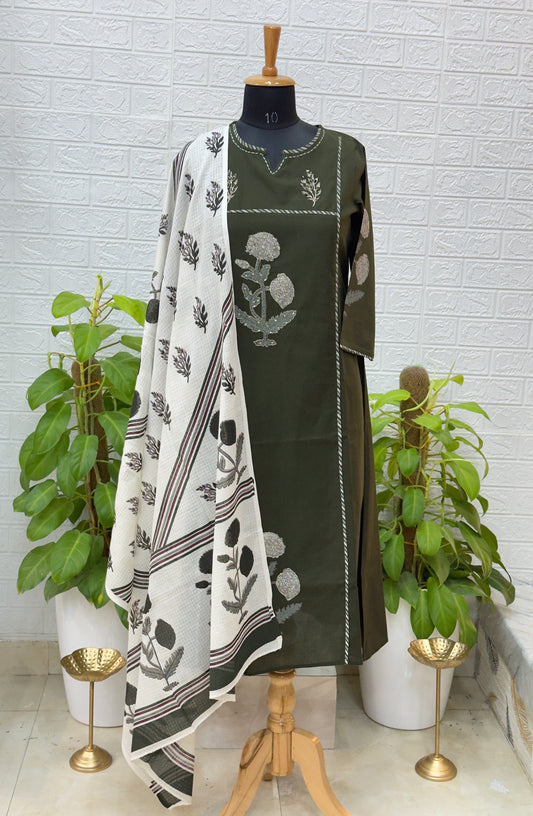 Premium Floral Embroidered Cotton Suit Set with Contrast Dupatta – Olive Green