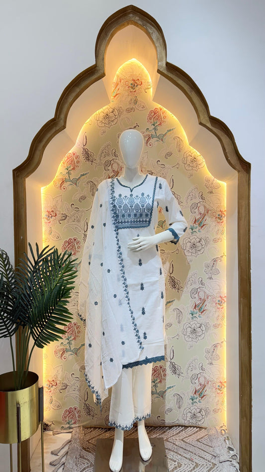 White with Grey Embroidery Suit