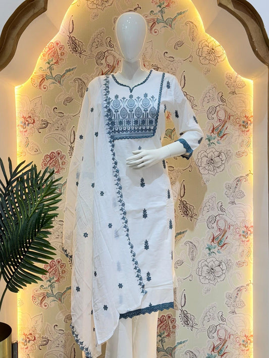 White with Grey Embroidery Suit