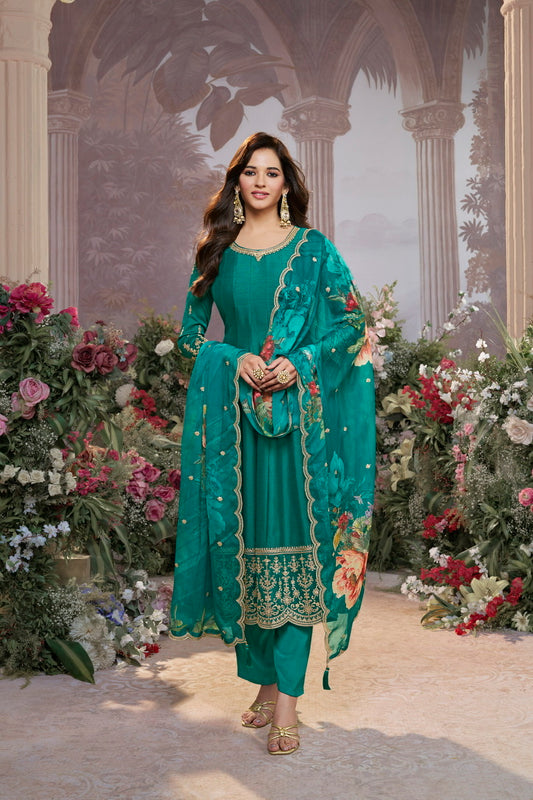 Premium Anarkali Suit with Organza dupatta- Green