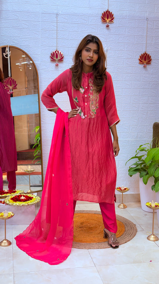 Tissue Silk Suit with Exquisite Handcrafted Detailing – Pink