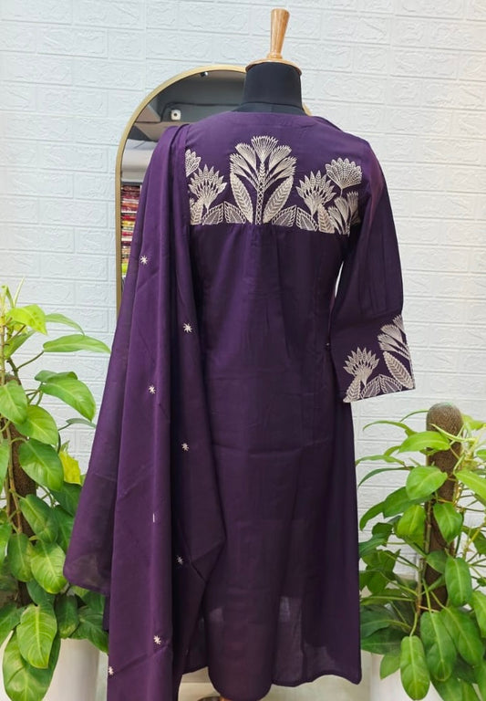 Premium Elegant Cotton Suit Set with Embroidered Detailing – Deep Purple