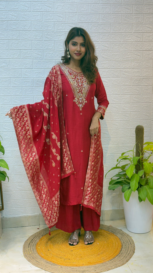 Dola Silk Suit with Banarasi Dupatta – Red