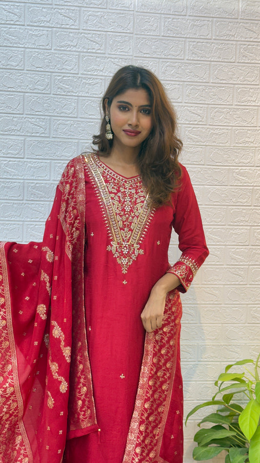 Dola Silk Suit with Banarasi Dupatta – Red