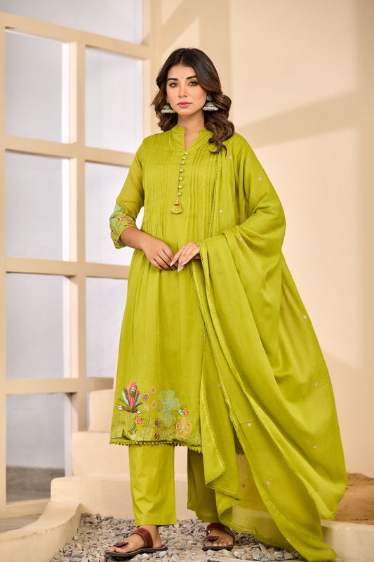 Lime Green Mul Cotton Kurta Set