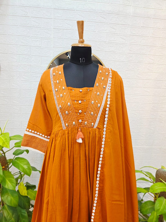 Premium Mul Cotton Partywear Anarkali Suit with Mirror Work & Elegant Dupatta – Burnt Orange