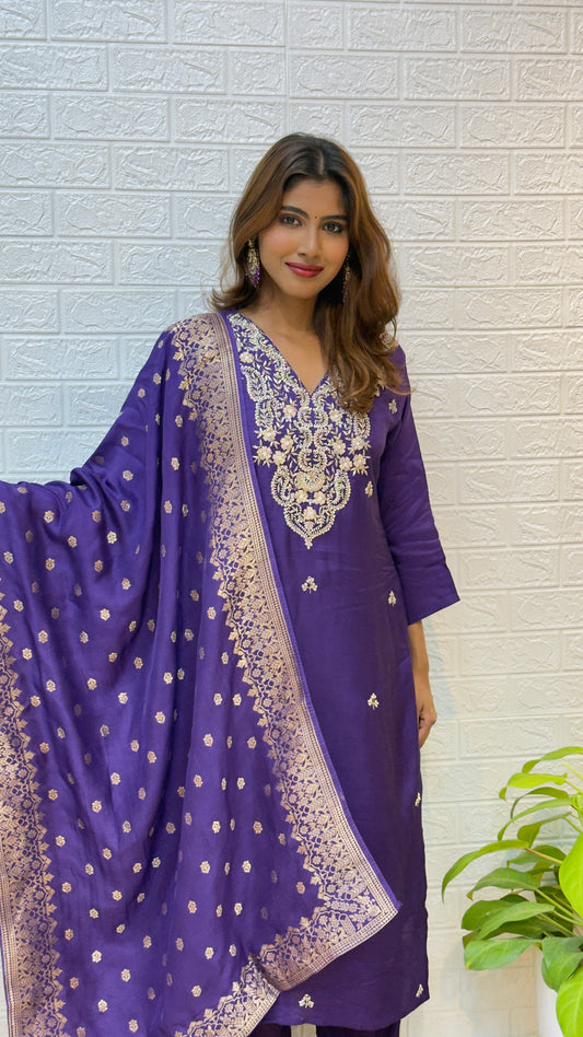Dola Silk Suit with Banarasi Dupatta & Handwork – Royal Purple
