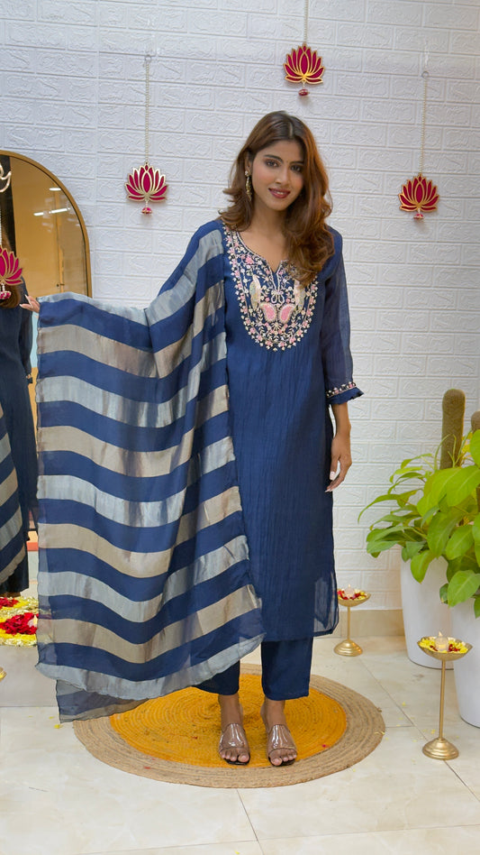 Mul Chanderi Suit with Tissue Dupatta – Navy Blue