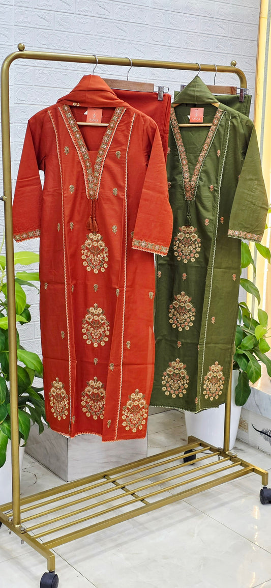 Premium Cotton Straight Suit Set – Rust Orange & Olive Green