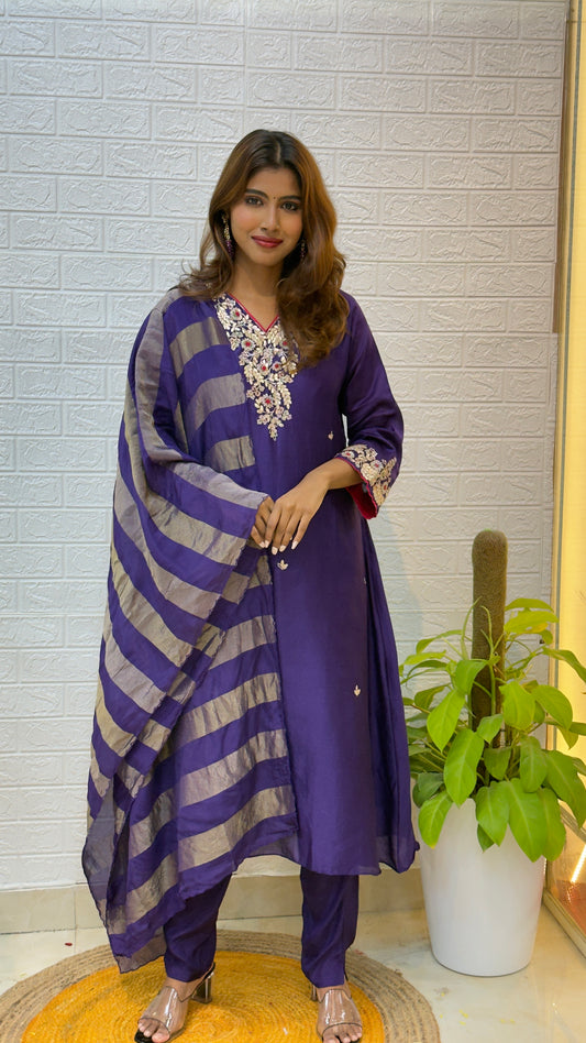 Mul Chanderi Anarkali Suit with Gota Patti Work & Tissue Dupatta – Deep Purple