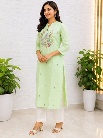 Premium Cotton Straight Suit Set – Mint Green & Ivory White