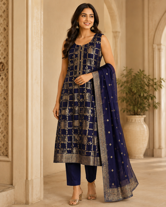 Premium Banarasi Straight Suit Set – Royal Navy Blue & Rani Pink