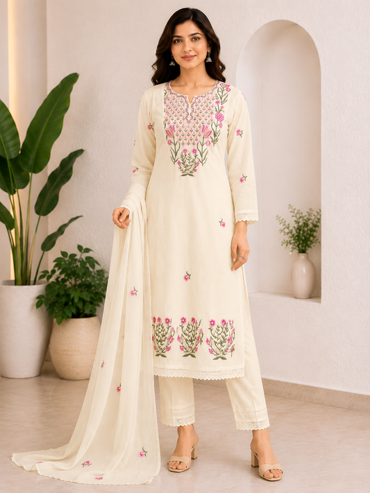 Premium Cotton Straight Suit Set – Ivory Cream